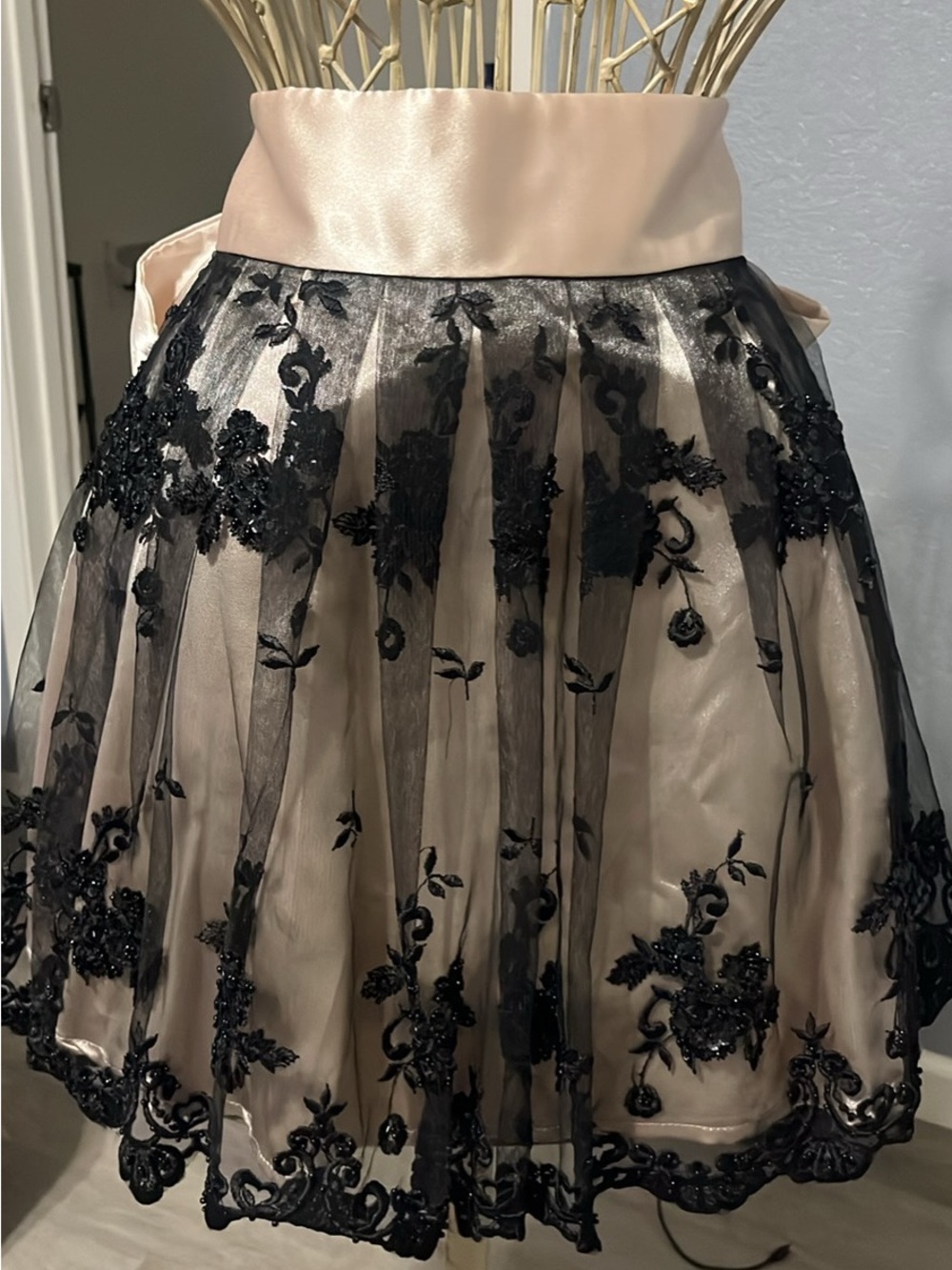 Blush Pink Satin Skater Skirt with Black Lace Embroidery